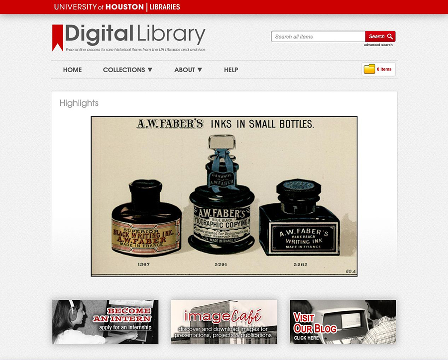 screenshot of the UH Libraries Digital Library homepage