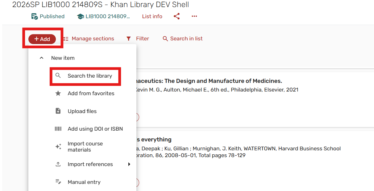 Clicking on the library search
