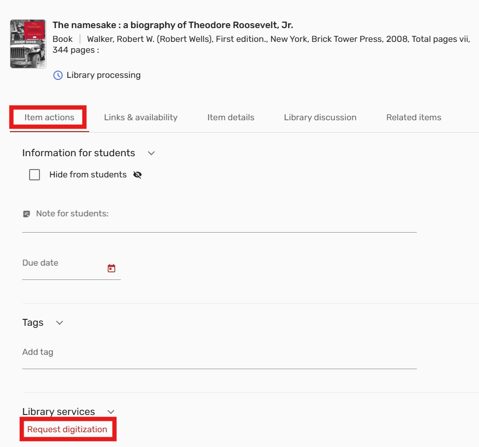 The Item Actions and Request Digitization options