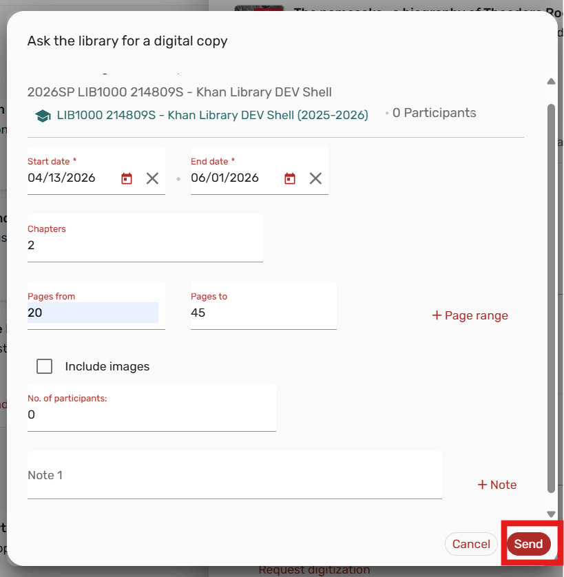 Form to fill out the chapter number and page ranges