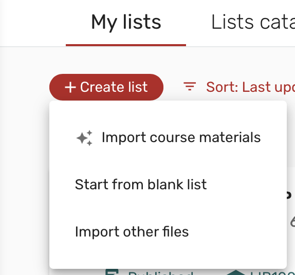 The options for creating a new list.