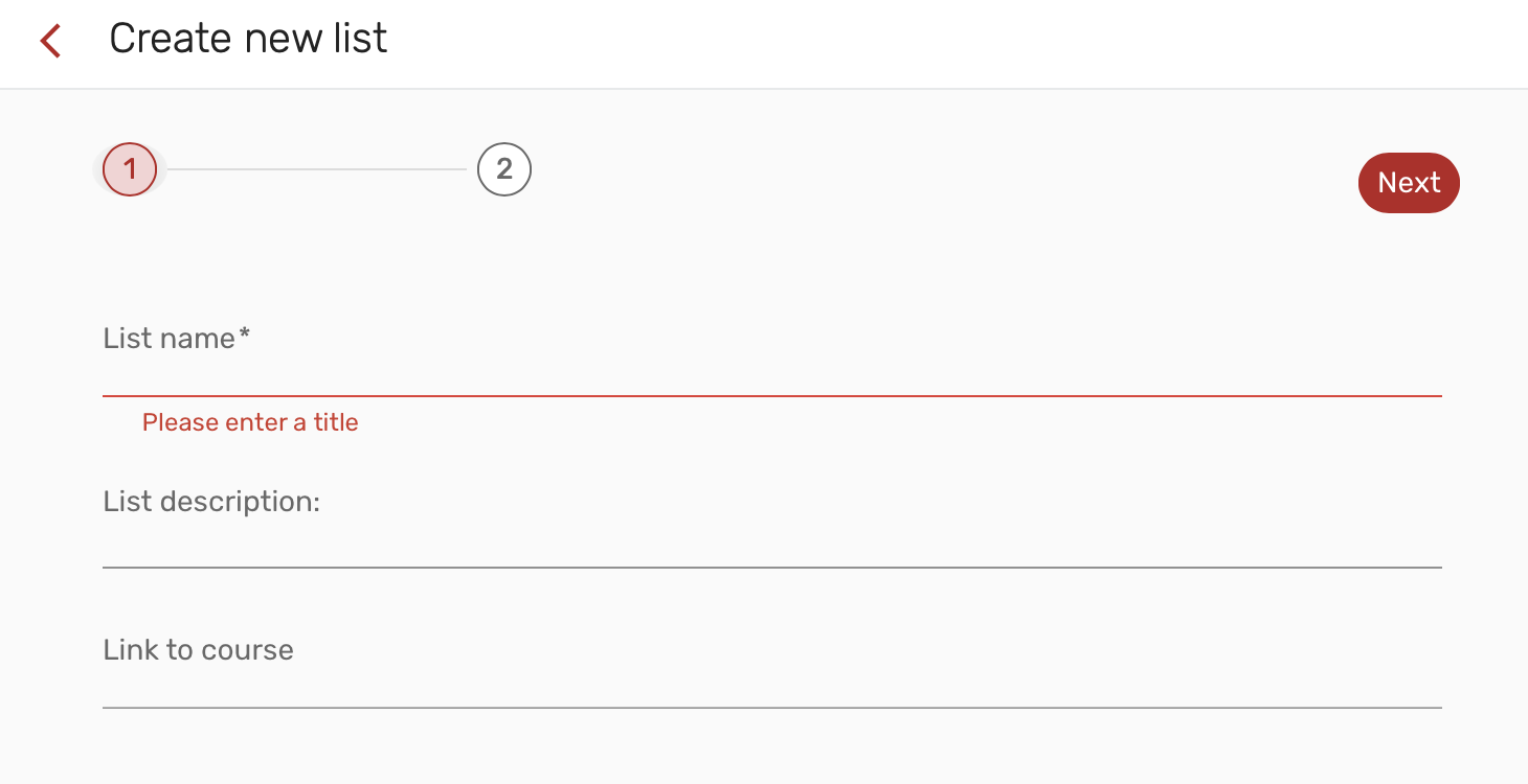 The options for creating a new list.
