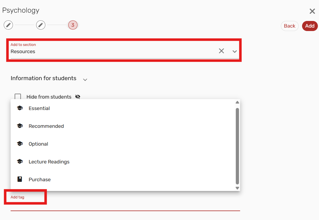 Adding a section and choosing the tag type