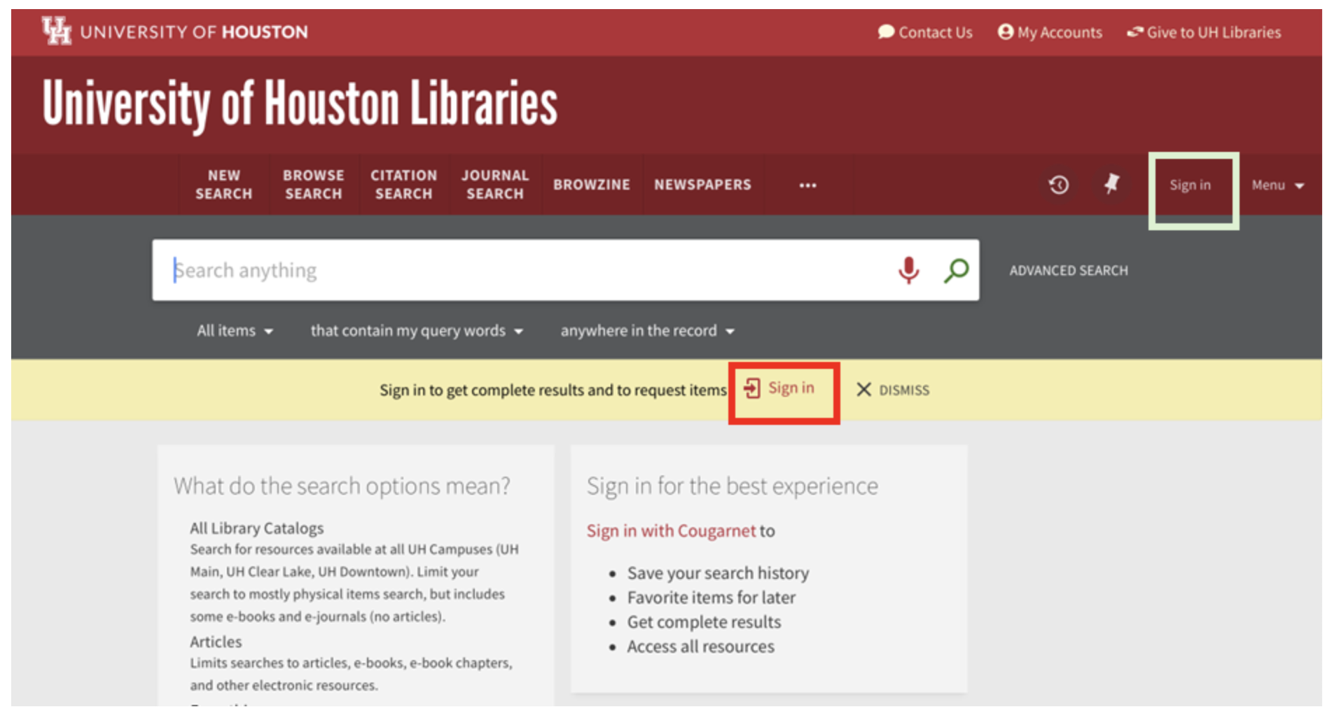 The Libraries search page showing where to sign in