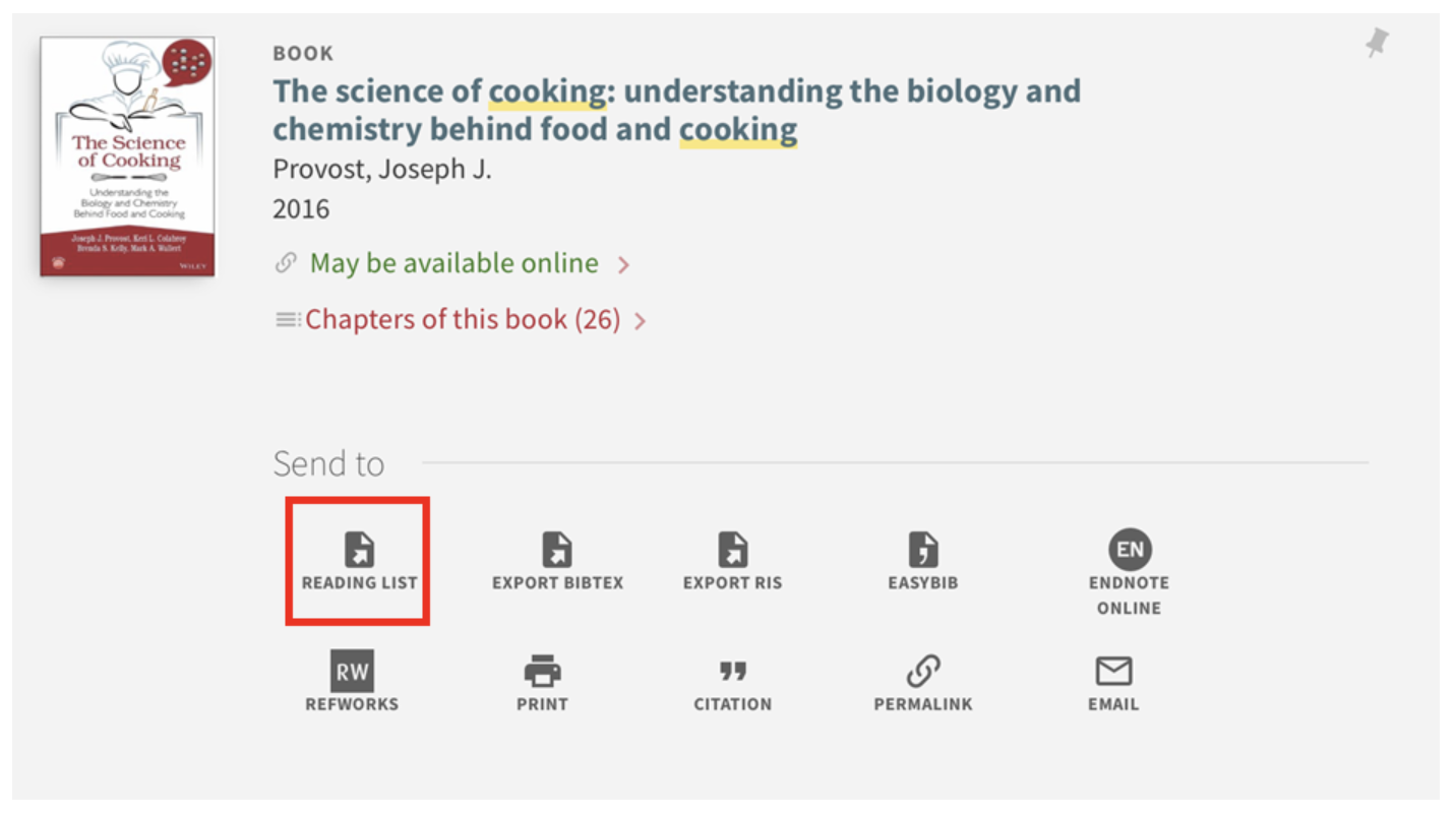 A search result with the Send To Reading List set of options