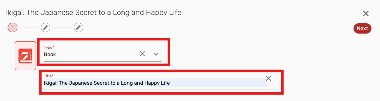Entering the item type and item title