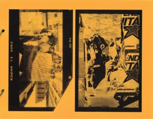 Orange double spread with black and white photographs printed on it