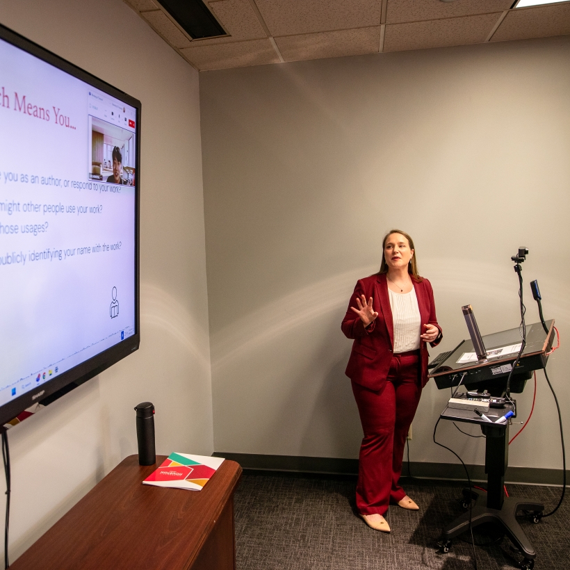 Open education librarian Kate McNally Carter instructs on creative commons licensing to the students in Dr. DeFranco’s Teaching Methods in Hospitality Administration course